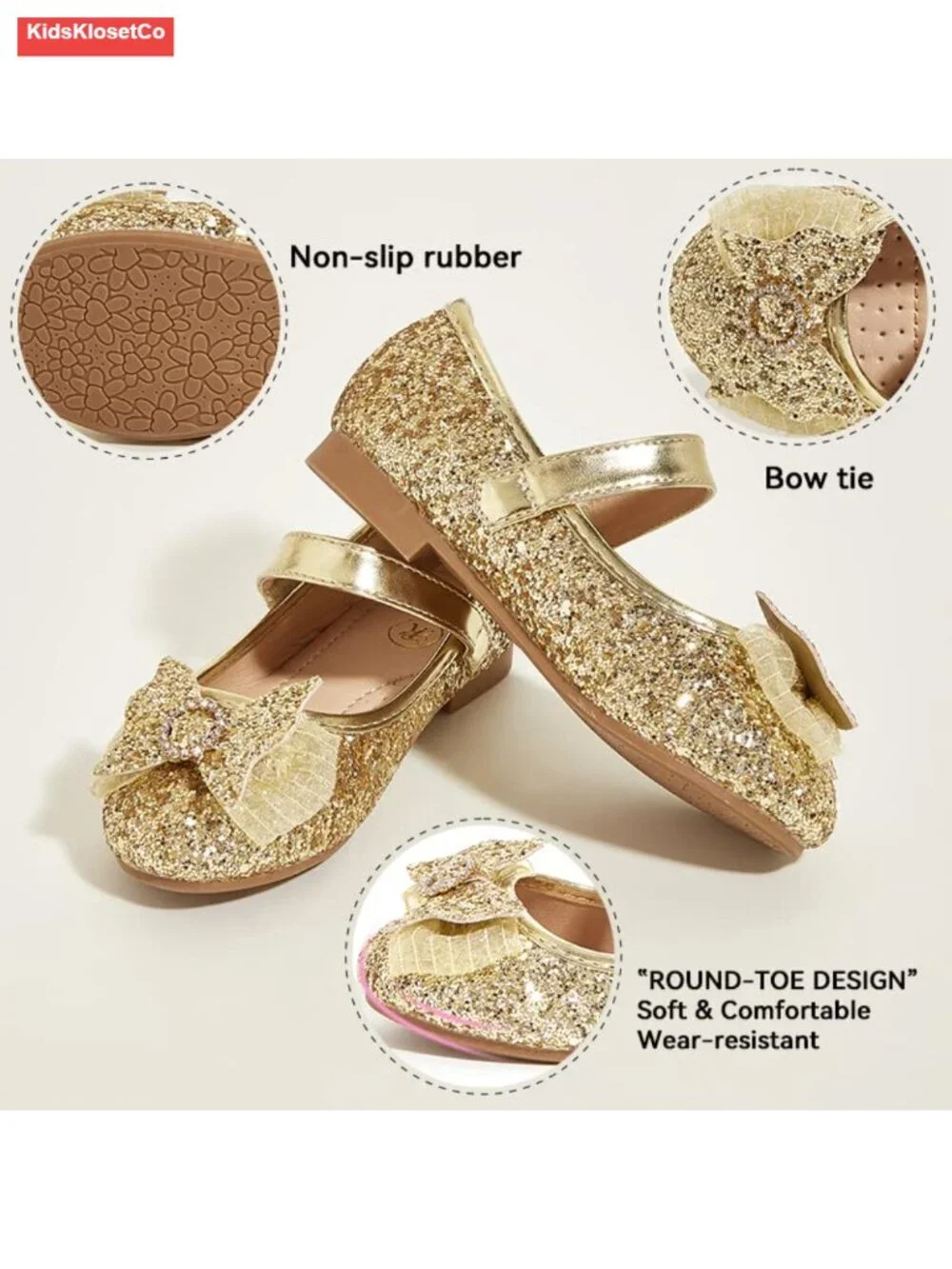 Toddler Girl Mary Jane Dress Glitter Flats Shoes with Bowknot